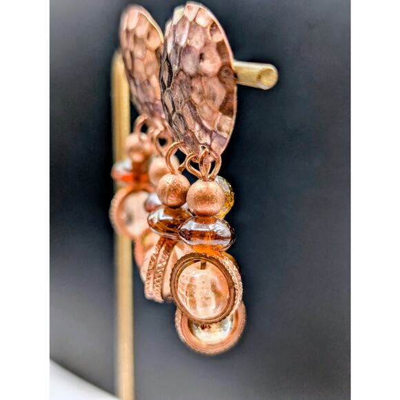 Hammered Copper Glass Bead Dangle Earrings - Picture 2 of 4